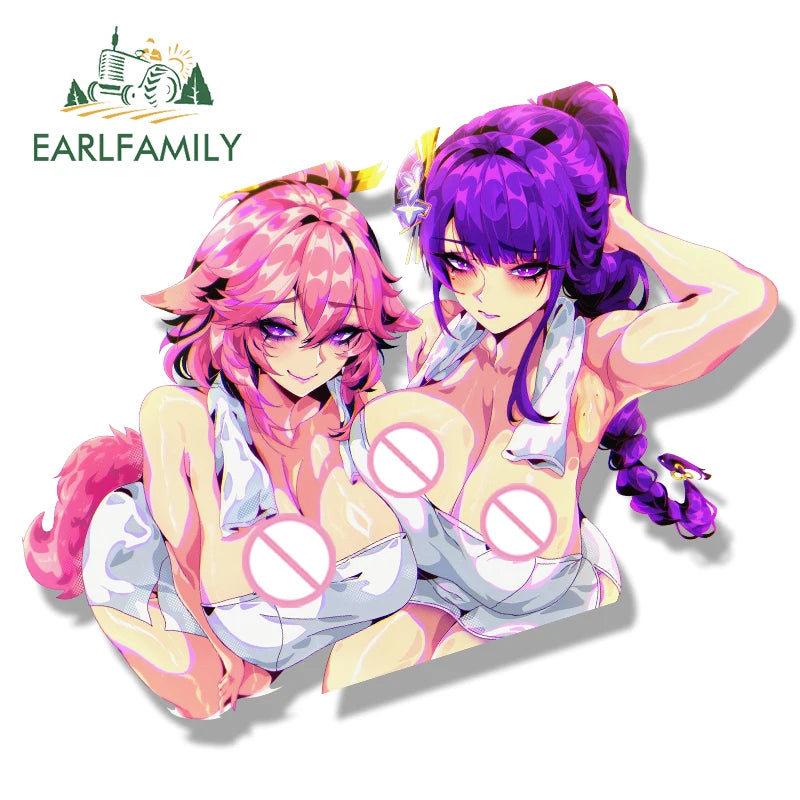 EARLFAMILY Bathrobe RaidenShogun YaeMiko Fanart Car Sticker Genshin Impact Waifu Decal Graffiti Cartoon Peek Girl NSFW Stickers