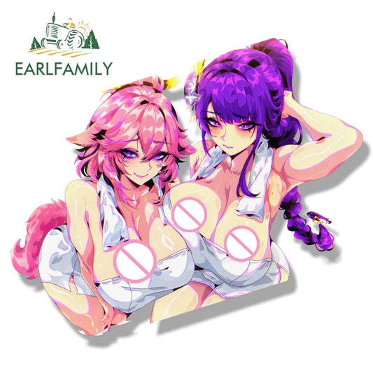 EARLFAMILY Bathrobe RaidenShogun YaeMiko Fanart Car Sticker Genshin Impact Waifu Decal Graffiti Cartoon Peek Girl NSFW Stickers