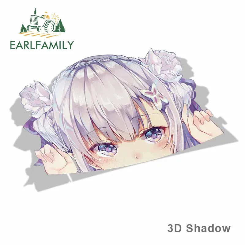 EARLFAMILY Cartoon Car Sticker for Emilia Peeker Big Head Anime Vinyl JDM Window Trunk Laptop Wall Decal Car Accessories