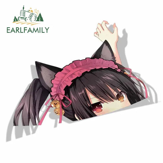 EARLFAMILY Cartoon Car Sticker for Kurumi Tokisaki Peeker Big Head Anime Vinyl Window Trunk Stickers Car Accessories