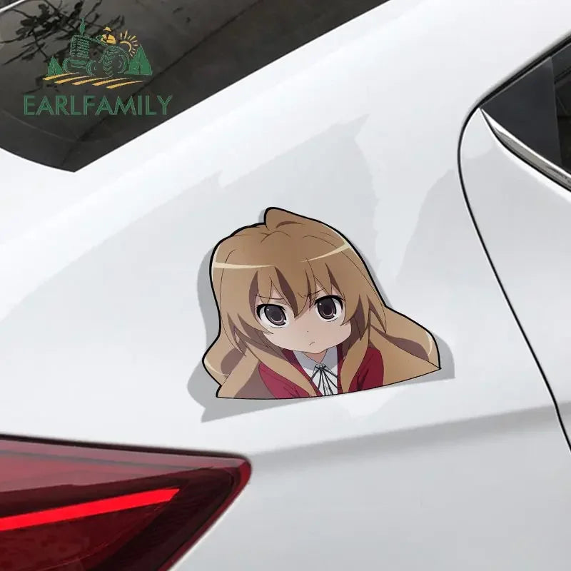 EARLFAMILY Car Sticker for Taiga Aisaka Peeker Big Head Anime Vinyl Rear Windshield Trunk Stickers Car Accessories