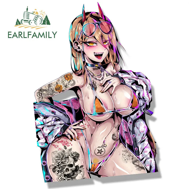EARLFAMILY Gyaru Bikini Power Car Sticker Anime Fanart Waifu Decal JDM Window Trunk Decor Cartoon Peek Girl Stickers Car Wrap