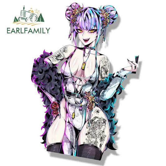 EARLFAMILY Original Gyaru Fanart Car Sticker Gothic Tattoo Girl Waifu Decal JDM Cartoon Peeker Girl Sketch Stickers Car Wrap