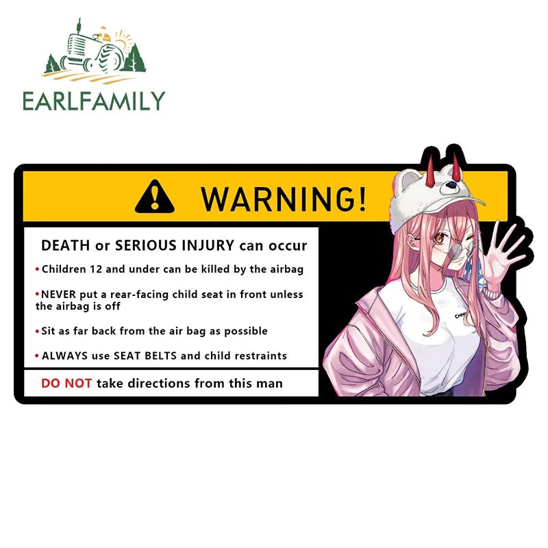 EARLFAMILY Makima Power Car Sticker Warning Decal Cartoon Denji Anime Pochita Vinyl JDM Window Trunk Bumper Sticker