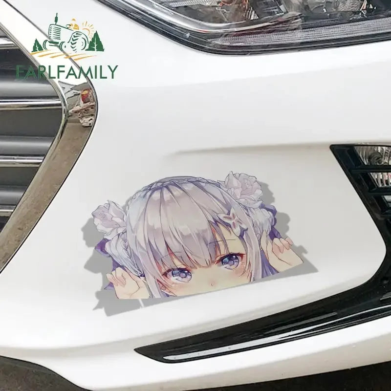 EARLFAMILY Cartoon Car Sticker for Emilia Peeker Big Head Anime Vinyl JDM Window Trunk Laptop Wall Decal Car Accessories