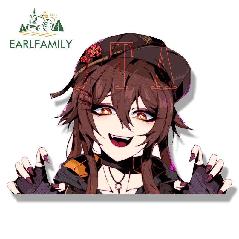 EARLFAMILY Tattoo Girl Hutao Fanart Peeker Car Sticker Anime Genshin Impact Sketch Waifu Decal JDM Cartoon Graffiti Stickers