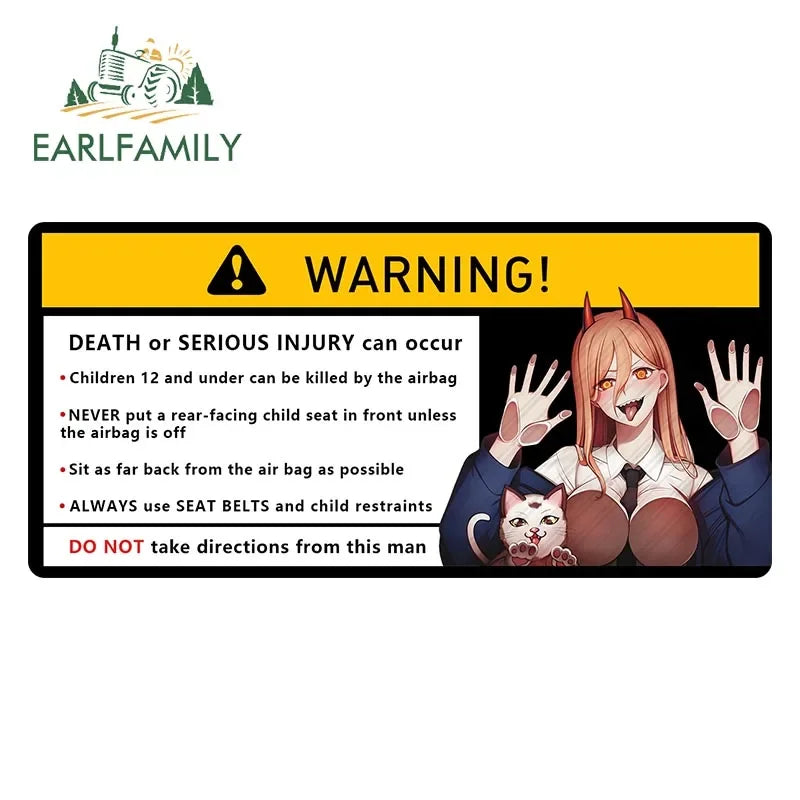 EARLFAMILY Makima Power Car Sticker Warning Decal Cartoon Denji Anime Pochita Vinyl JDM Window Trunk Bumper Sticker