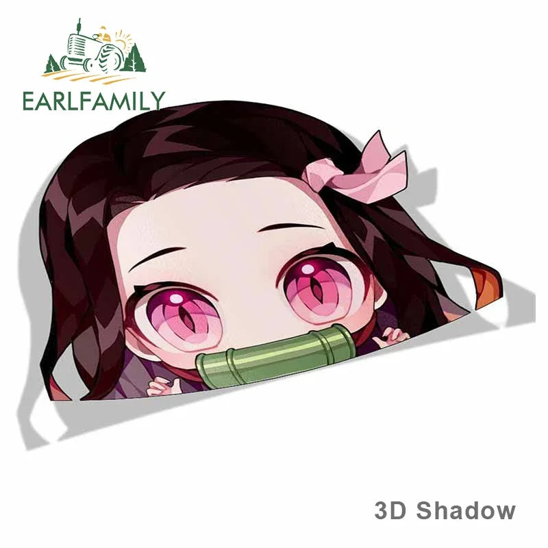 EARLFAMILY Cartoon Car Sticker for Nezuko Kamado Peeker Big Head Anime Vinyl JDM Rear Windshield Trunk Stickers