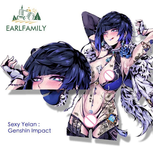 EARLFAMILY Ahegao Yelan Fanart Car Sticker Anime Genshin Impact Waifu Heart Eyes Decal JDM Cartoon Peeker Girl Graffiti Stickers