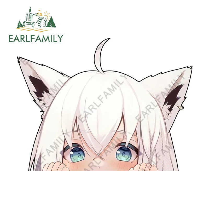EARLFAMILY 13cm Anime Fubuki Peeker Sticker Big Head Vinyl Cartoon Car Sticker JDM Rear Windshield Trunk Peek Decals Graphics