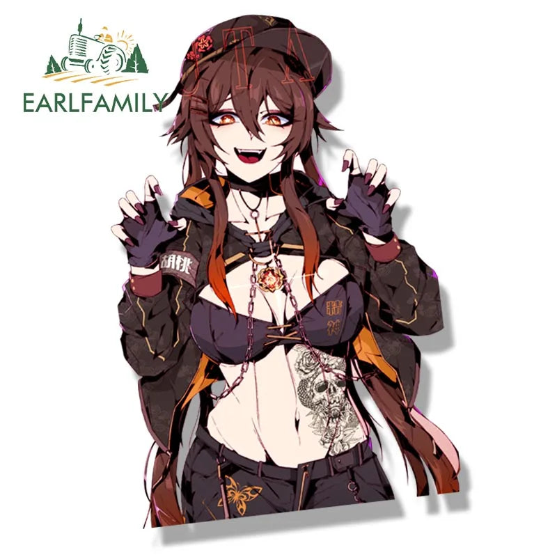 EARLFAMILY Tattoo Girl Hutao Fanart Peeker Car Sticker Anime Genshin Impact Sketch Waifu Decal JDM Cartoon Graffiti Stickers