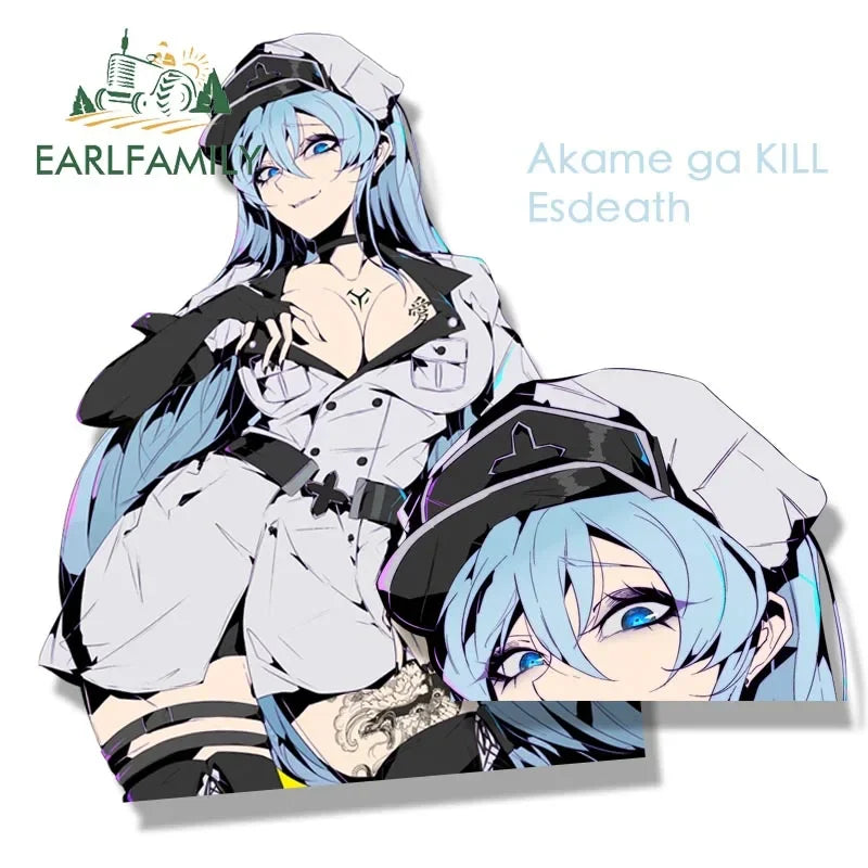 EARLFAMILY Tattoo Esdeath Fanart Car Sticker Anime Sketch Waifu Decal JDM Cartoon Peeker Girl Graffiti Stickers Car Accessories