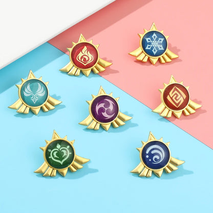 Genshin Impact Brooch – Luminous 7 Element Vision Badge, Metal Anime Pin Prop for Cosplay, Collectible & Gifts