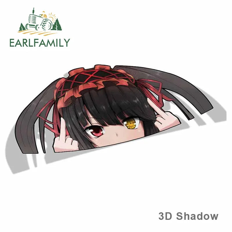 EARLFAMILY Cartoon Car Sticker for Kurumi Tokisaki Peeker Big Head Anime Vinyl Window Trunk Stickers Car Accessories