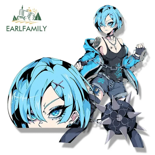 EARLFAMILY Street Punk Rem & Ram Fanart Car Sticker Anime Waifu Decal JDM Cartoon Peek Girl Stickers Funny Car Styling