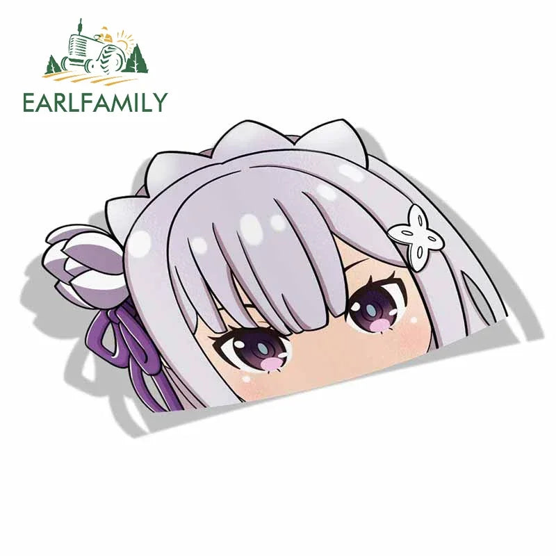 EARLFAMILY Cartoon Car Sticker for Emilia Peeker Big Head Anime Vinyl JDM Window Trunk Laptop Wall Decal Car Accessories